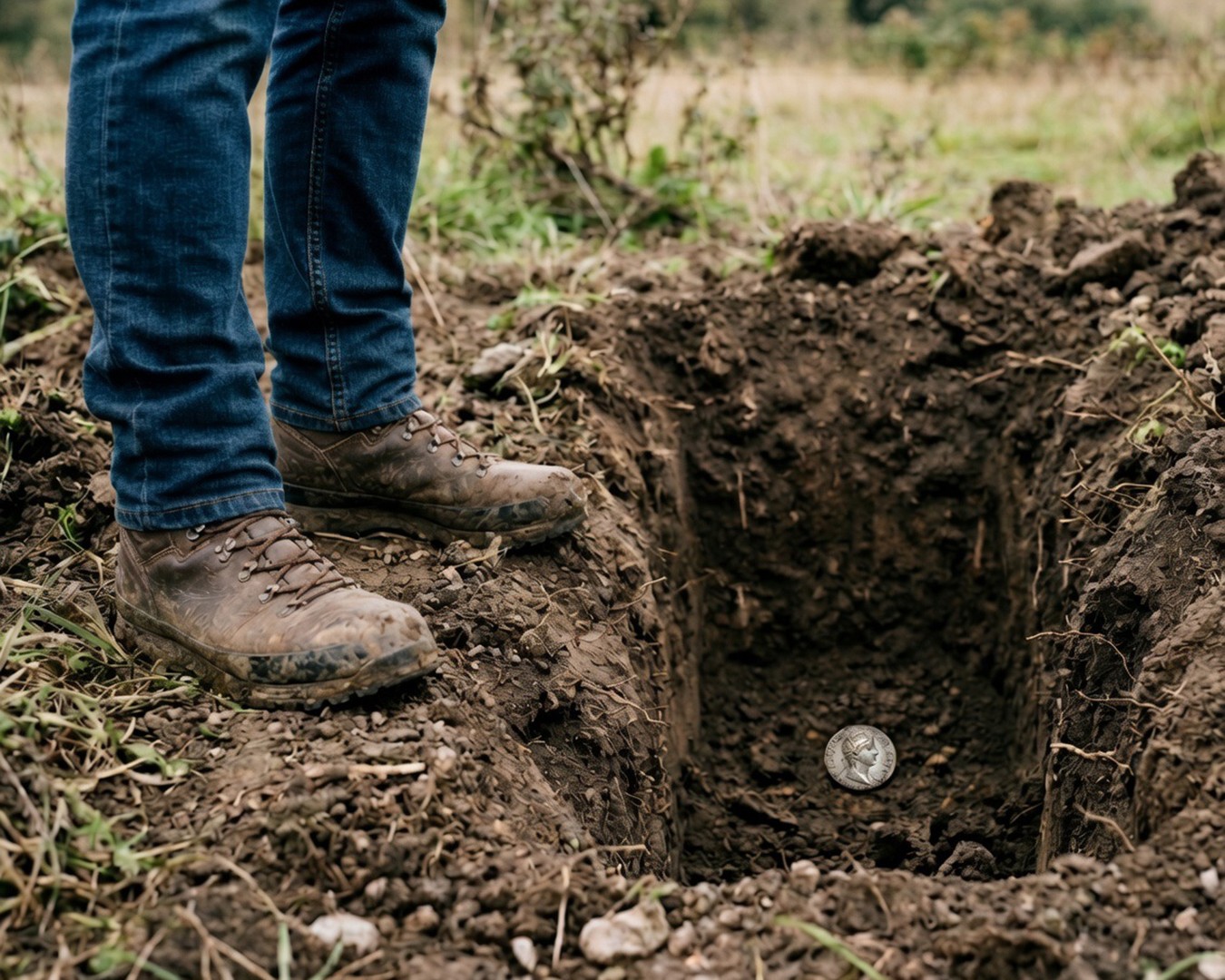 burycoin.jpg {Metal detector underground depth test with Roman coin}