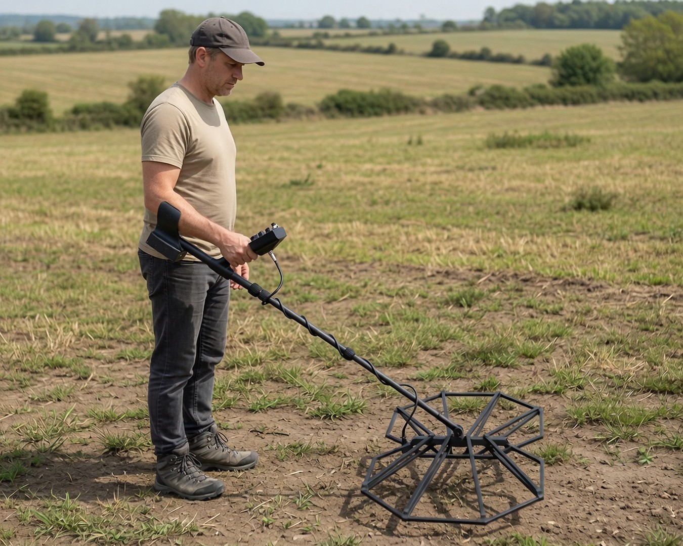 test.jpg {Man metal detecting with an induction balance metal detector and large search coil}